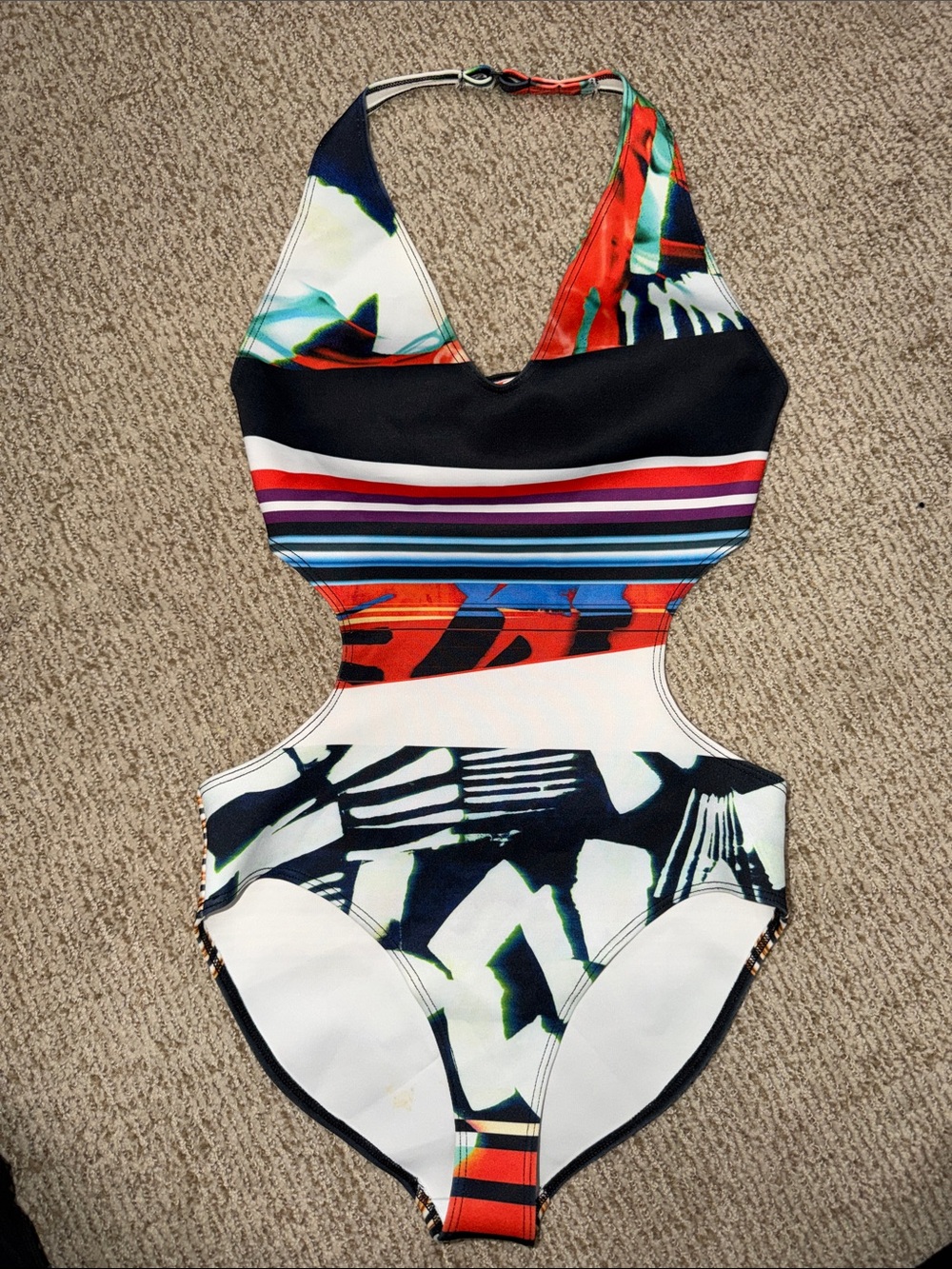 clover canyon one piece bathing suit swim black print open back cutout scuba